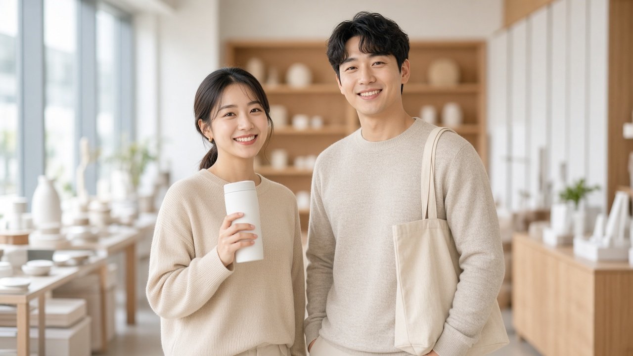 텀블러와 에코백을 살펴보는 사람들